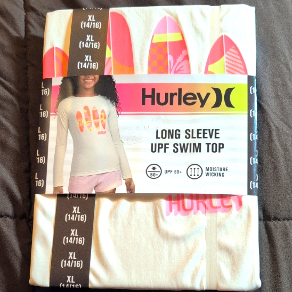 Hurley Cream Long Sleeve Swim Top with Pink and Orange Design